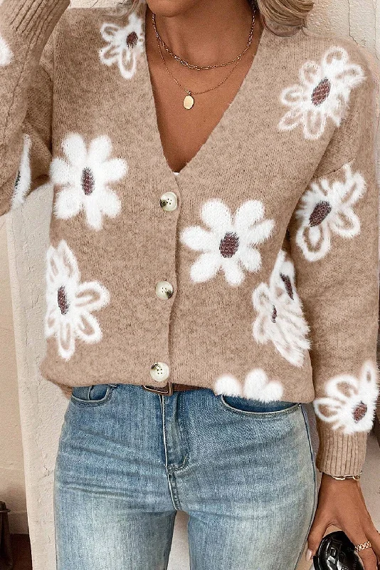 Blue Zone Planet | Smoke Gray Floral Print V Neck Knitted Button up Cardigan Polka Dot Checkered Tartan Blue Zone Planet | Smoke Gray Floral Print V Neck Knitted Button up Cardigan Polka Dot Checkered Tartan