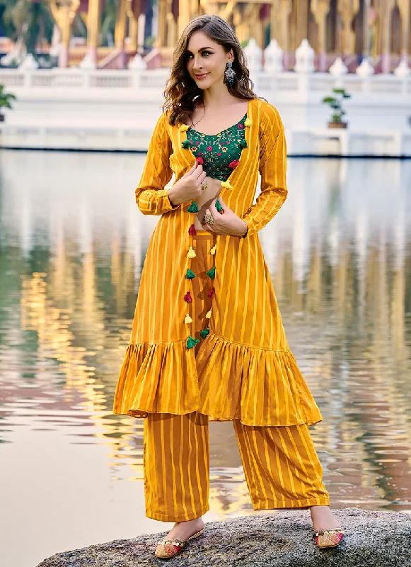 Yellow And Green Multi Embroidered Jacket Style Co-Ord Set A-Line Jacket Boat Neck Shawl Collar
