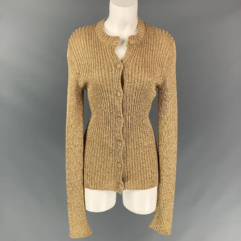 MOSCHINO COUTURE Size S Gold Knitted Metallic Cardigan Boat Neck Shawl Collar Notched Collar MOSCHINO COUTURE Size S Gold Knitted Metallic Cardigan Boat Neck Shawl Collar Notched Collar
