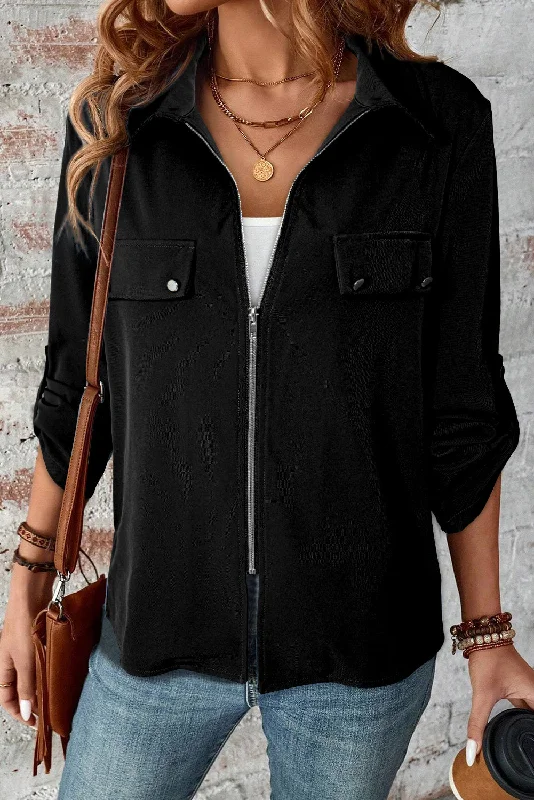 Collar Tab Sleeve Zip Up Flap Detail Jacket Oversized Jacket Tailored Jacket Straight Jacket