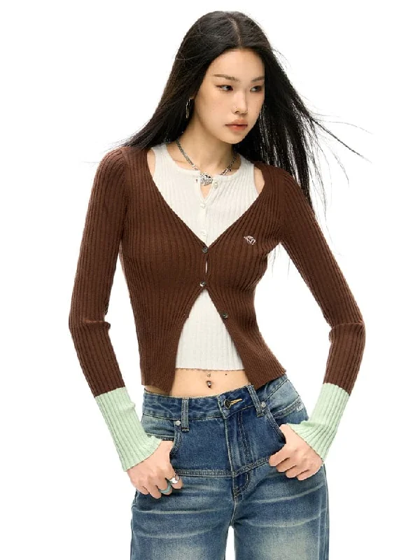 Fake Layered Double Placket Knitted Cardigan Oversized Loose Flowy