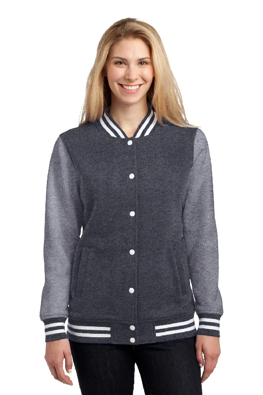 Sport-Tek Womens Snap Down Fleece Letterman Jacket - Heather Graphite Grey/Heather Vintage Grey - Closeout