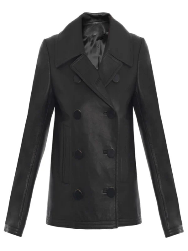 Unisex Black Leather Pea Coat