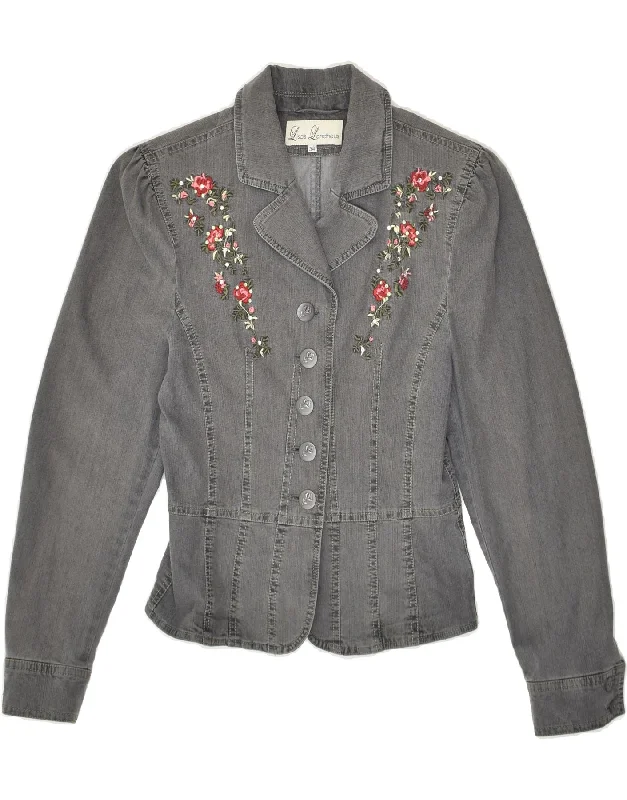 VINTAGE Womens Denim Jacket EU 34 XS Grey Floral Cotton