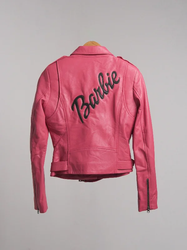 Women Genuine Barbie Pink Leather Biker Jacket