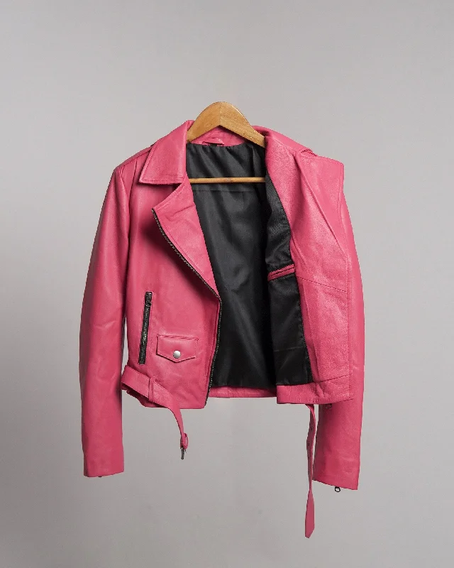 Women Genuine Barbie Pink Leather Biker Jacket