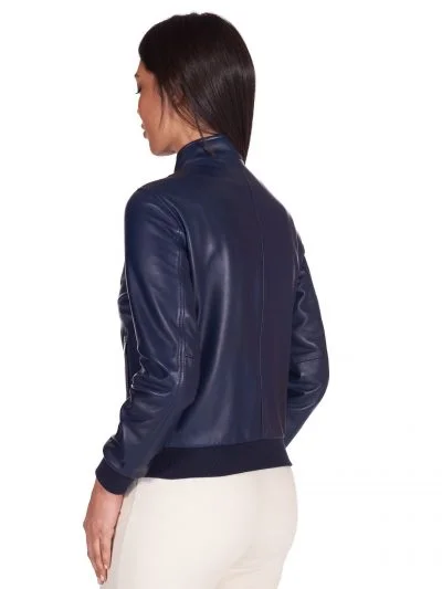 Women Navy Blue Leather Bomber Jacket