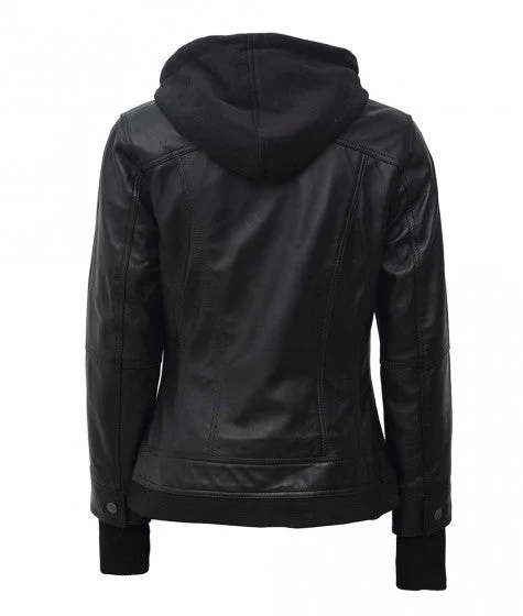 Women's Black Real Bomber Leather Hoodie Jacket