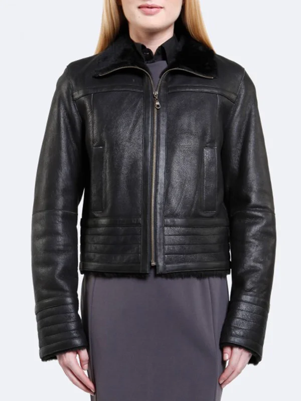 Womens Black Shearling Real Leather Fur Jacket