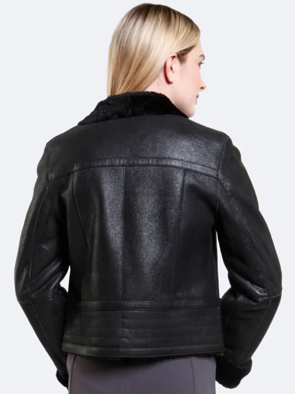 Womens Black Shearling Real Leather Fur Jacket