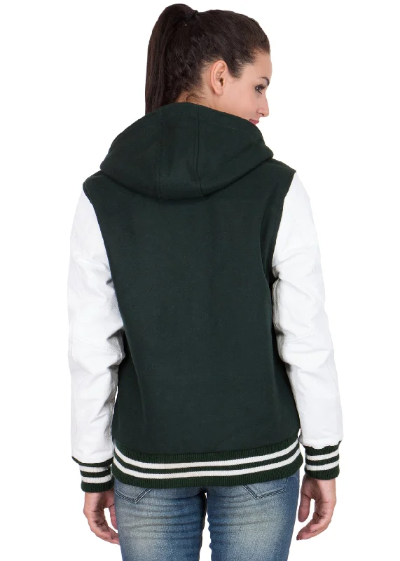 Women's Dark Green and White Varsity Jacket