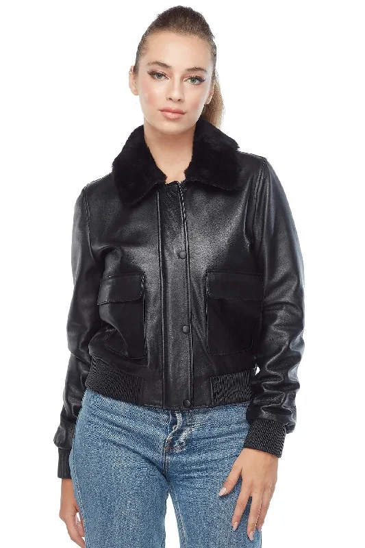 Women's Jet Black Bomber Leather Jacket