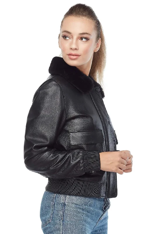 Women's Jet Black Bomber Leather Jacket