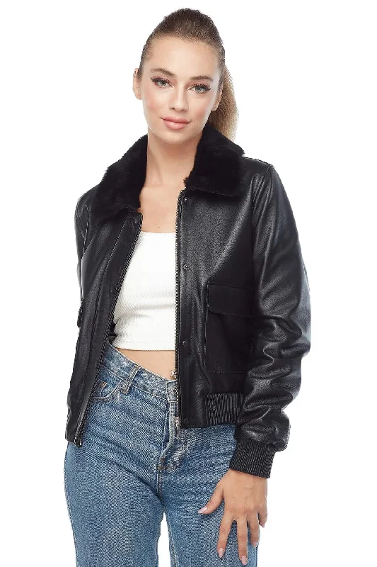 Women's Jet Black Bomber Leather Jacket