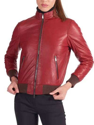 Womens Red Genuine Leather Bomber Jacket