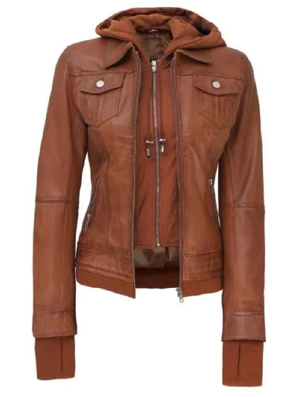 Women's Removable Hooded Bomber Leather Jacket