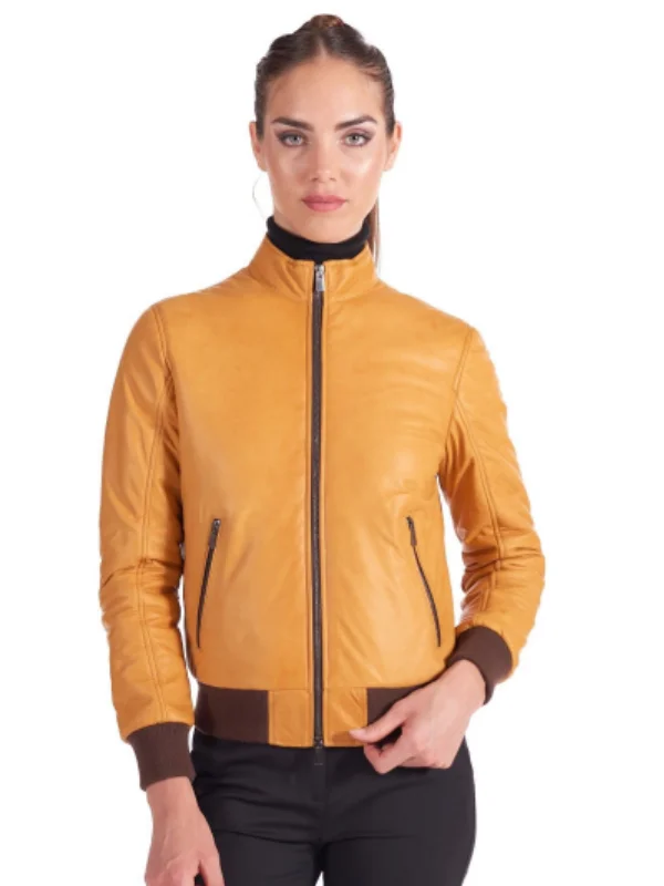 Womens Stylish Yellow Genuine Leather Bomber Jacket