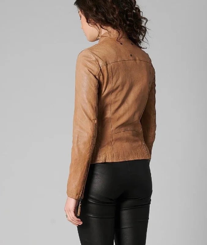 Women's Tan Fitted Real Leather Jacket