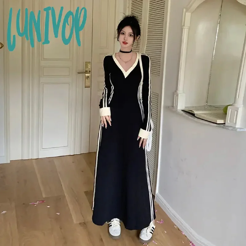 Lunivop French Striped V-neck Long-sleeved Dress Women Fall Clothes Vintage Robe Casual Loose Dresses Korean Fashion Vestidos De Fiesta