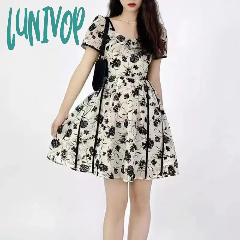 Lunivop Summer Elegant Floral Long Dress for Women Girl Midi Dresses Vintage Office OL Ladies Maxi Y2k Dress High Waist Clothing 2024