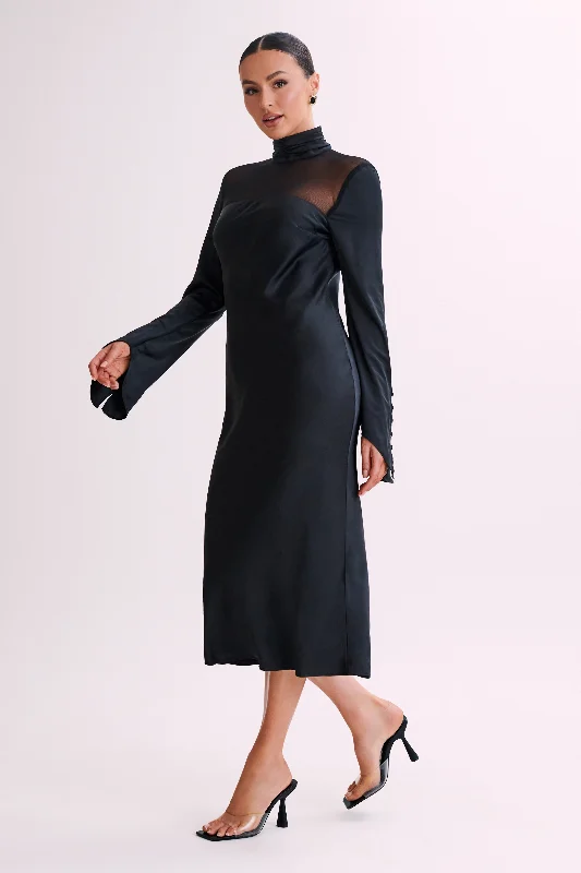 Patricia High Neck Satin Midi Dress - Black