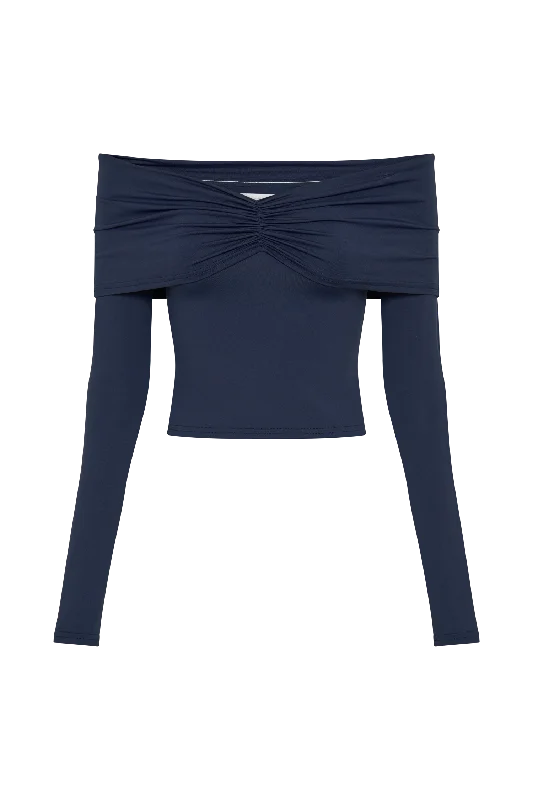 Prue Ruched Off Shoulder Long Sleeve Top - Navy