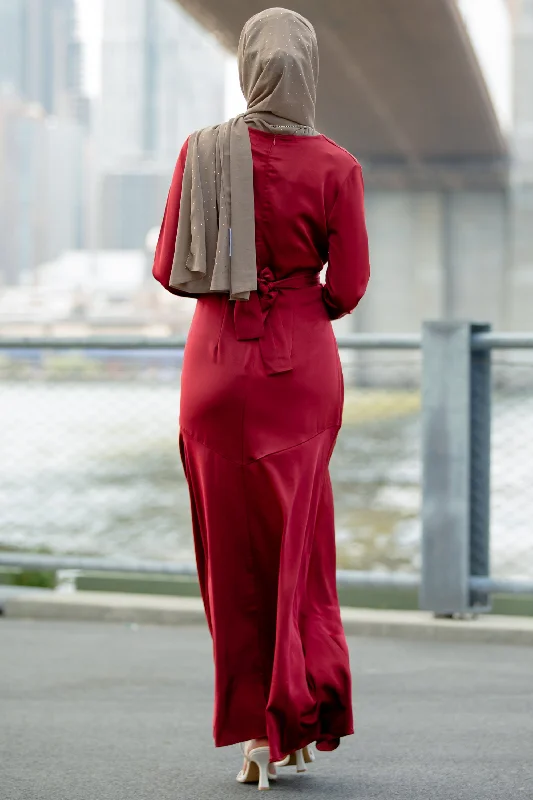 Red Criss Cross Satin Long Sleeve Maxi Dress