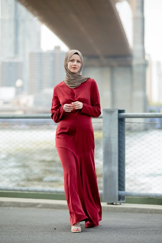 Red Criss Cross Satin Long Sleeve Maxi Dress