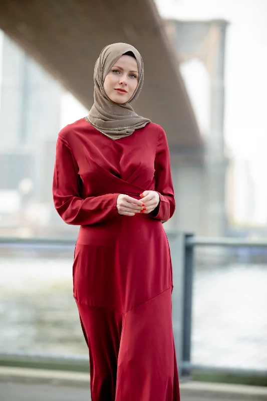 Red Criss Cross Satin Long Sleeve Maxi Dress