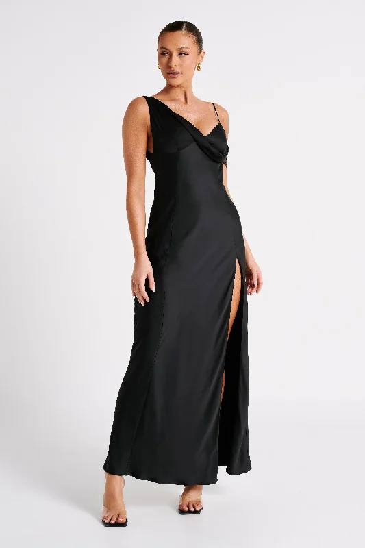 Soleil Satin Off Shoulder Maxi Dress - Black