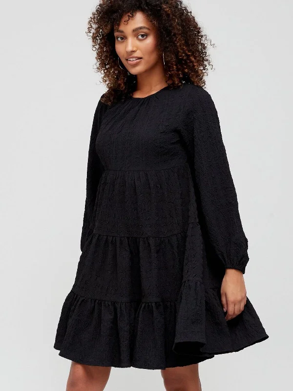 Womens Seersucker Smock Dress - Black. UK 10 **** Ref V272