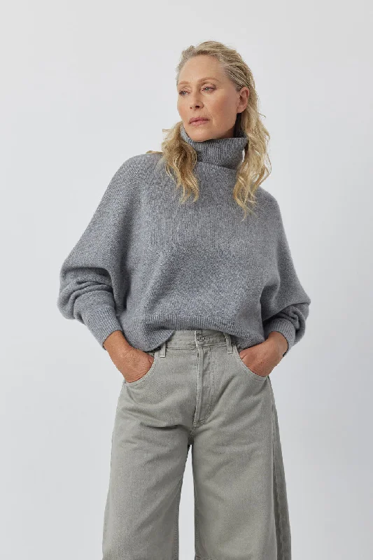 Cashmere Chunky Cropped Mock Neck Sweater - Dark Grey Melange