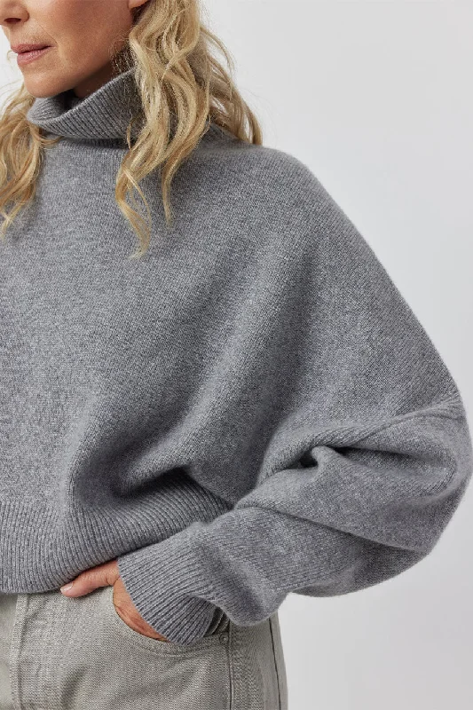 Cashmere Chunky Cropped Mock Neck Sweater - Dark Grey Melange