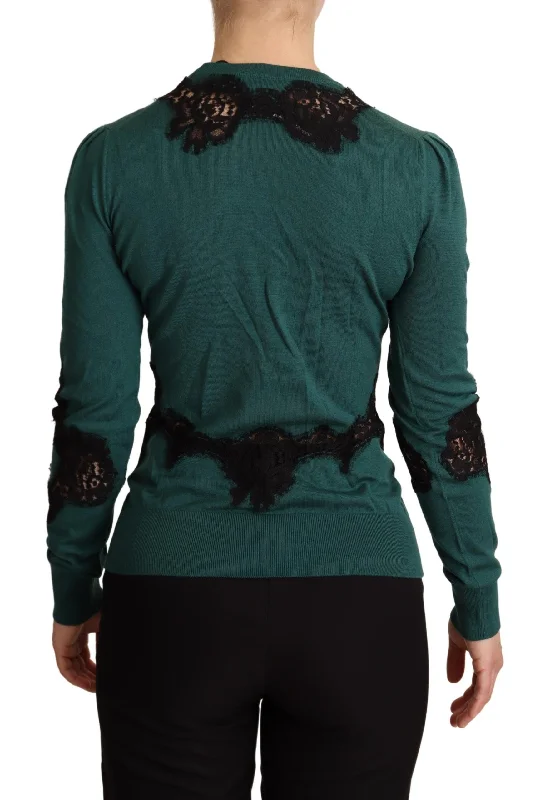 Elegant Green Pullover with Black Lace Detail