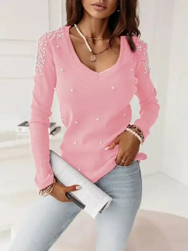 New solid color long-sleeved V-neck beaded top