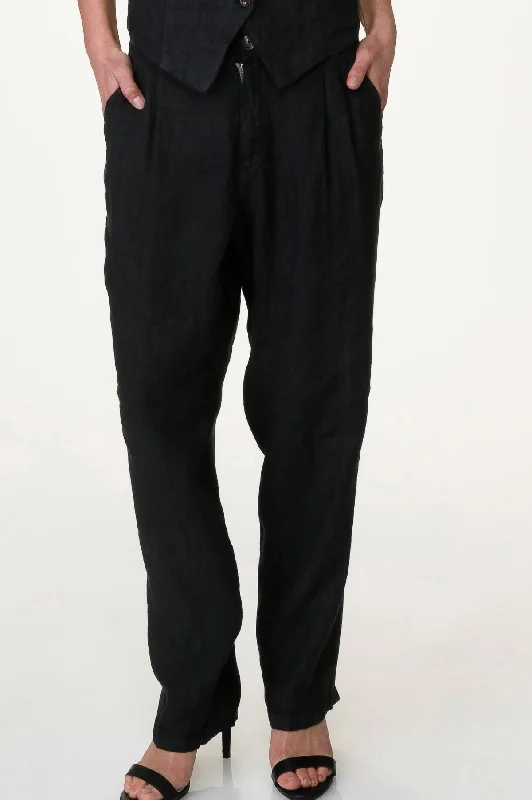 Black Washed Linen Pleated Front Pants