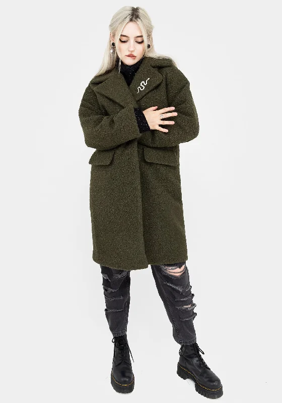 Gorgon Bouclé Oversized Coat with Snake Brooch - Green