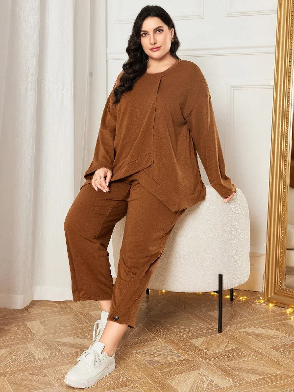 Plus Drop Shoulder Asymmetrical Hem Top & Pants Set