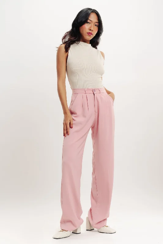 Baby Pink Pleated Straight Fit Korean Pant