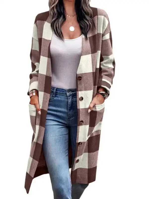 Women’s Plaid Print Long Line Drop Shoulder Coat