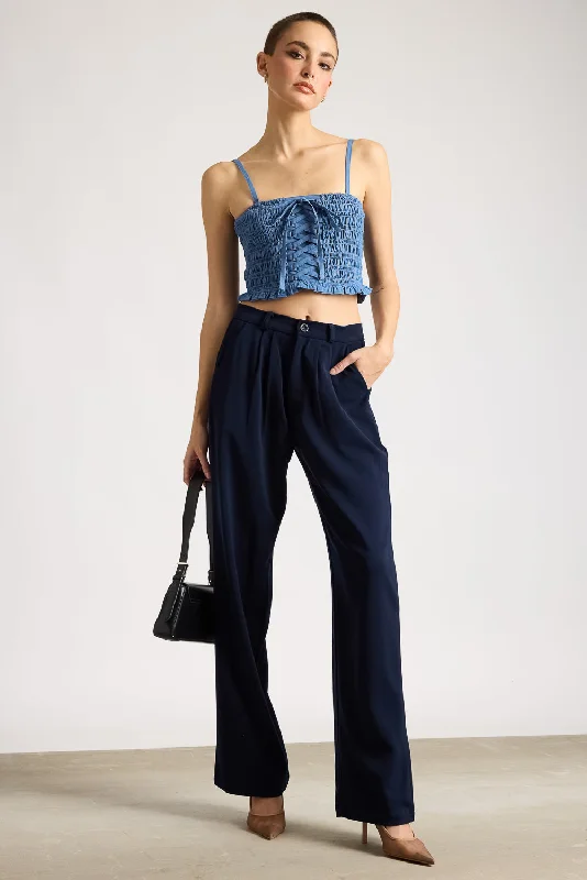 Women's Pleated Navy Blue Korean Pant