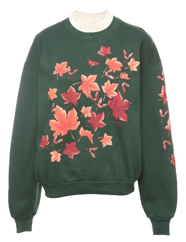 Dark Green Leafy Printed Sweatshirt - M