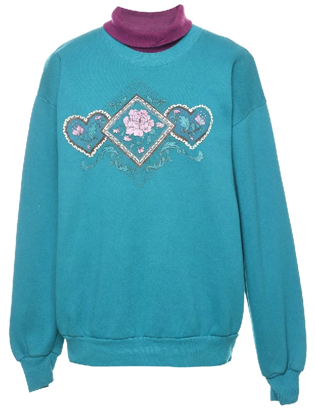 Floral Teal & Purple 1990s Printed Sweatshirt - L