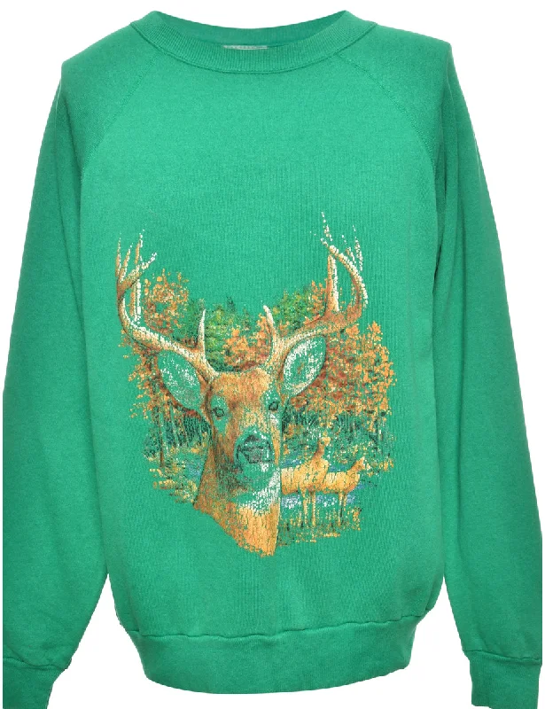 Green Reindeer Print Christmas Sweatshirt - L