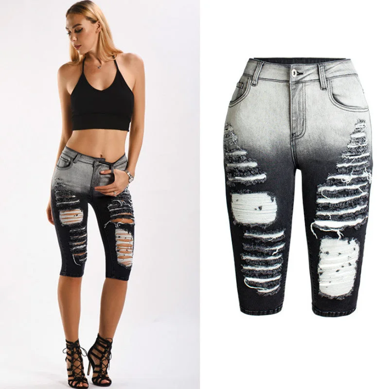 Knee Length Ripped Moto Jean Shorts