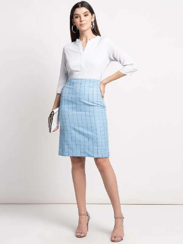 Windowpane Check Straight Skirt - Light Blue