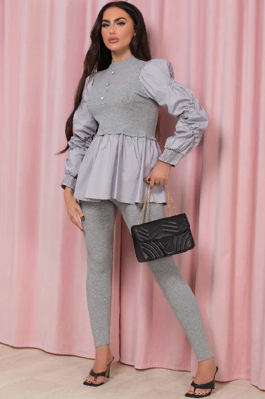 Peplum Ruched Sleeve Ribbed Lounge Co Ord Set Grey