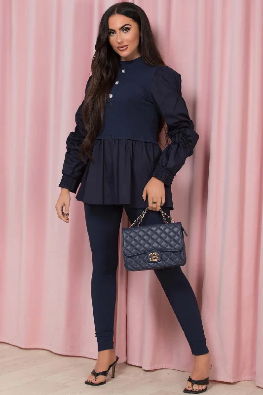 Peplum Ruched Sleeve Ribbed Lounge Co Ord Set Navy