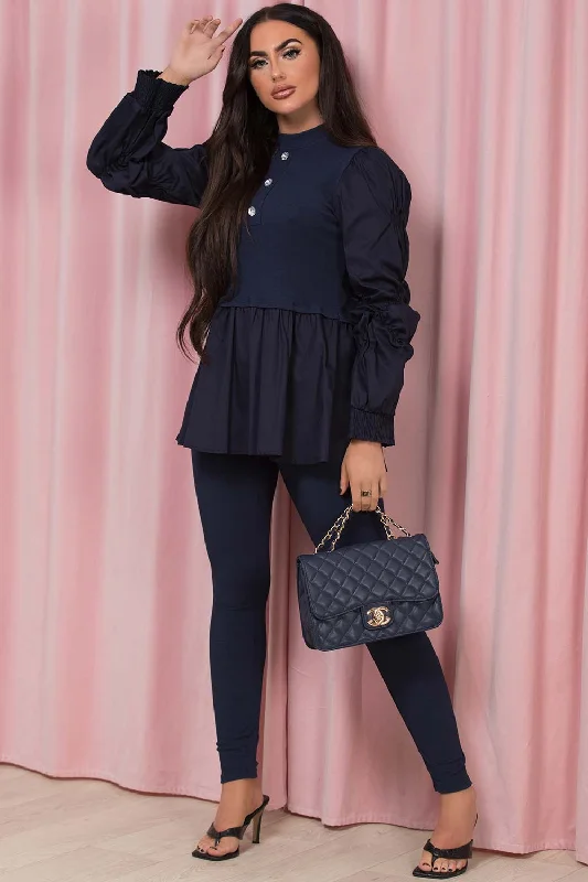 Peplum Ruched Sleeve Ribbed Lounge Co Ord Set Navy