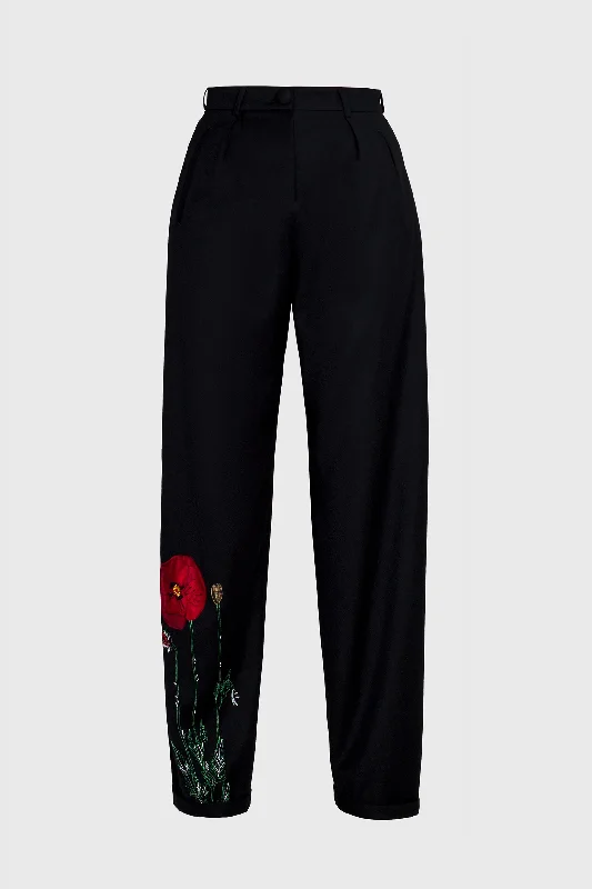 Poppy Flower Trousers - Embroidered Black Wool